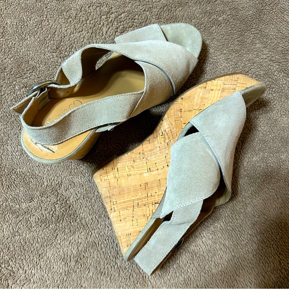 Franco Sarto Suede Wedges Sandals Peep Toe with Cork Heel 4” high US 8M